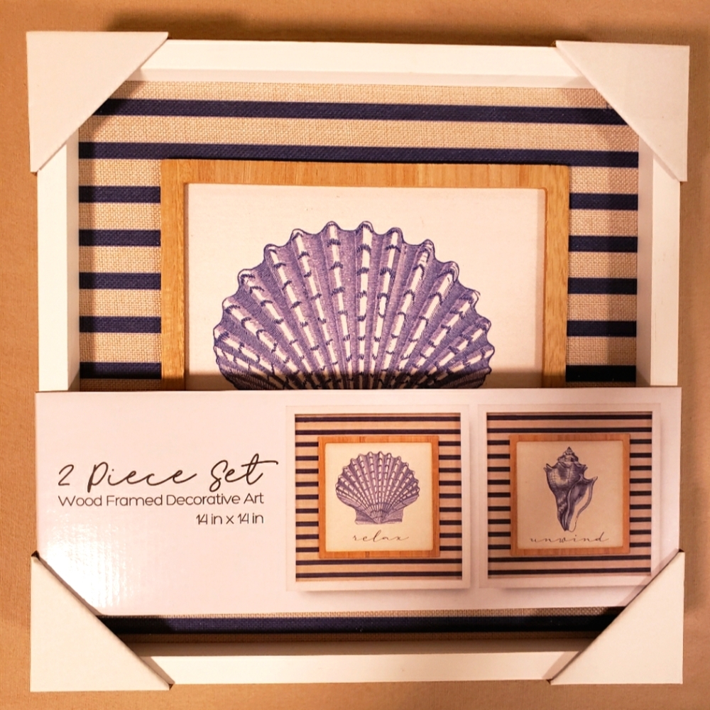 COASTAL SHELL WOOD FRAMED DECORATIVE ART SET OF 2